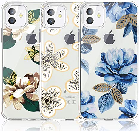 iPhone 11 Case, iPhone 11 Case with Flowers, [3-Pack] CarterLily Watercolor Flowers Floral Pattern Soft Clear Flexible TPU Back Case for Apple iPhone 11 6.1 inch (Blueflowers)