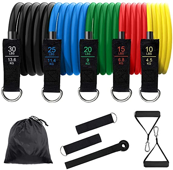 N / A SITRI Exercise Resistance Bands Set, Physical Therapy Fitness Stretch 11 piece set, Foam Handles, for Men Women, Home Gym Fitness, with Fitness Tubes, Foam Handles, Ankle Straps, Door Anchor