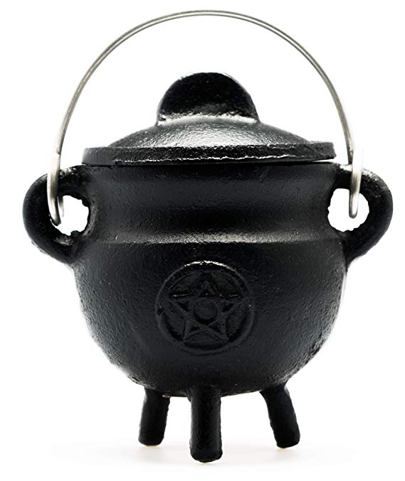 Sarimoire Cauldron -3" Pentagram Cast Iron Cauldron with Lid and Handle - Perfect Incense Smudge Kit Altar Ritual Burning Holder