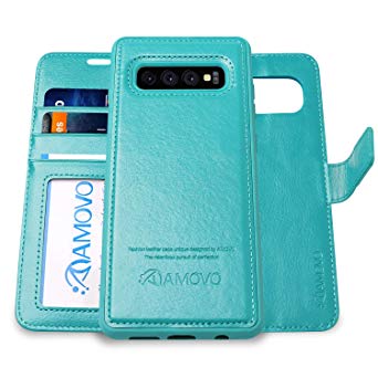 Amovo Case for Galaxy S10 (6.1'') [2 in 1] Samsung Galaxy S10 Wallet Case Detachable [Vegan Leather] [Wrist Strap] [Kickstand] Samsung S10 Folio Flip Case with Gift Box Package (S10 (6.1'') Aqua)