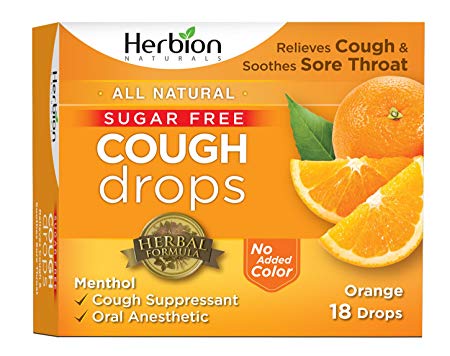 Herbion Naturals Sugar-Free Cough Drops with Natural Orange Flavor, 18 Drops, Oral Anesthetic - Relieves Cough, Throat, and Bronchial Irritation, Soothes Sore Mouth, For Adults and Children 2yo