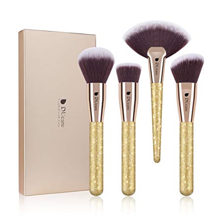 DUcare Face Makeup Brushes 4Pc Professional Travel Foundation Contour Powder Fan Essential Cosmetic Make up Tools Glitter Large