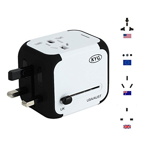 KYG All in One Worldwide Travel Power Adapter & Worldwide AC Wall Outlet Plugs with 2.4A Dual USB Charger for USA EU UK