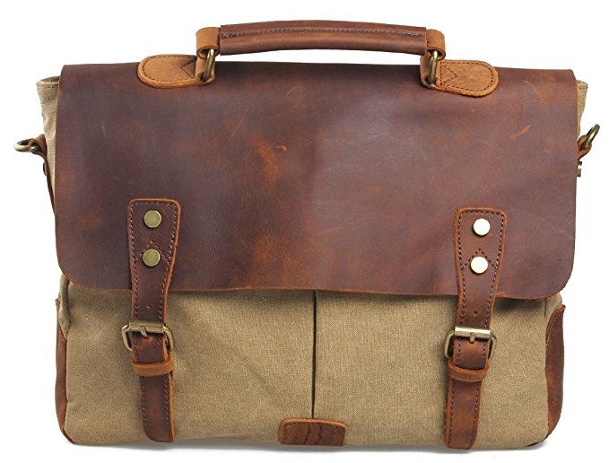 Peacechaos®cotton Canvas Genuine Crazy-horse Leather Cross Body Laptop Messenger Bag - Men Business Vintage Handbag / Briefcase