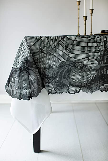 Benson Mills Spooky Spider Web Lace Fabric Halloween Tablecloth (Black, 70" Round)