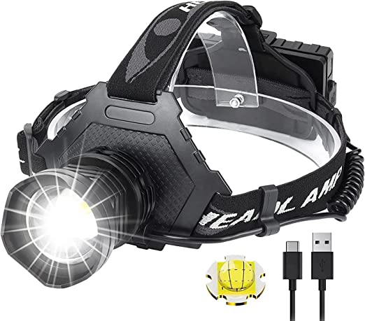 LED Headlamp USB Rechargeable, Head Lamp XHP70 Super Bright 90000 High Lumen with 5 Modes, Batteries Included, Zoomable, Waterproof Headlight for Camping Hunting Running Fishing Biking (Black)