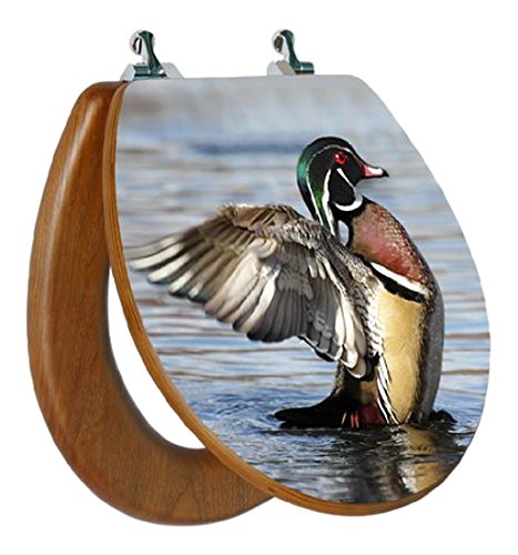 TOPSEAT 6TSPR1755CP 999 3D Upland Series "Wood Duck" Round Toilet Seat with Chromed Metal Hinges, Wood Finish
