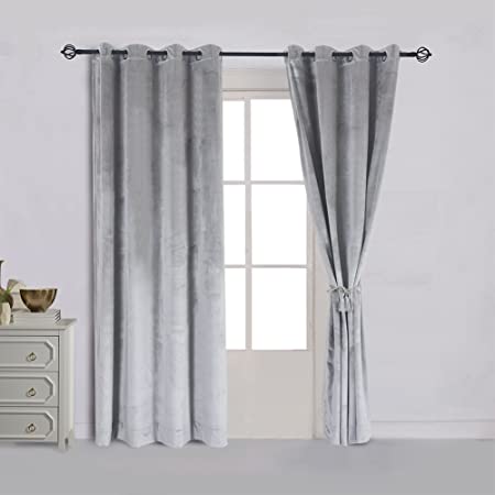 Cherry Home Super Soft Luxury Room Darkening Velvet Silver Gray Classic Blackout Curtains Panels Home Theater Grommet Drapes 52Wx63L inch Light Grey,2 Panels