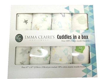 Emma Claire's Houseware 100% Cotton Muslin Swaddle Blankets-Set Of Four CUDDLES IN A BOX 47 x 47 Inch Large Muslin Swaddles Perfect Baby Shower Gift Or Nursery Sets - Unisex - No Risk Purchase!