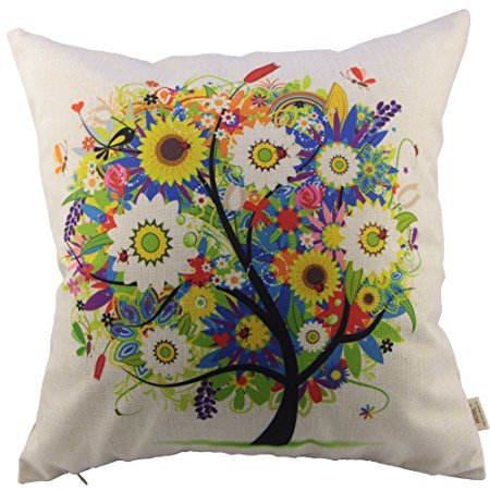 HOSL Flowers Tree Cotton Linen Square Decorative Throw Pillow Case Cushion Cover 18 x 18 Inch