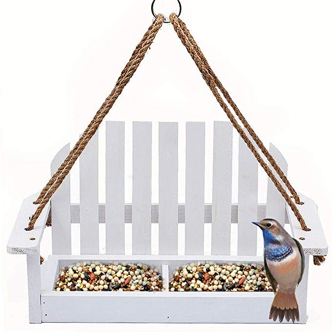 Homes Garden Outdoor Wooden Bird Feeder W/White Swing Chair Bird Hummingbird Feeder Porch Swing Decorative Bird Feeder #G-8455