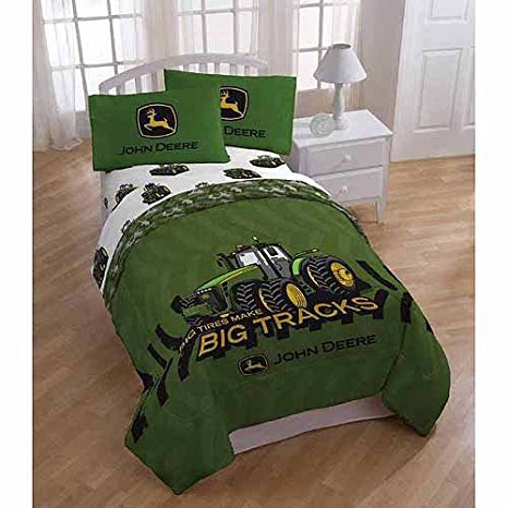 John Deere 4pc Twin Comforter and Sheet Set Bedding Collection, Green Tractor Big Tires