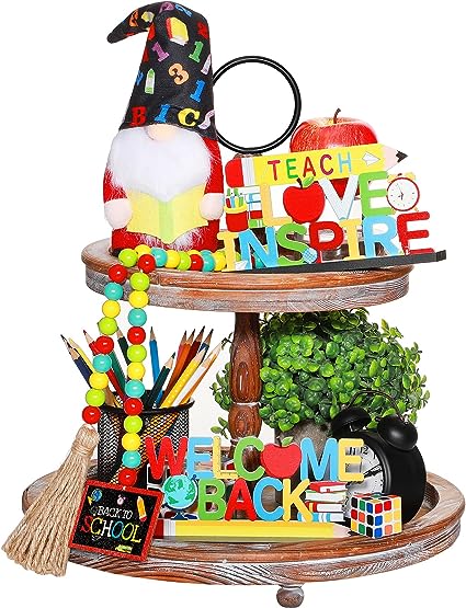 4 Pieces Back to School Tiered Tray Decor Set Gnomes Doll Wood Sign Decor Wooden Cutout Letter Sign Wooden Bead Garland for School Classroom Home Teacher Party Favor Supplies