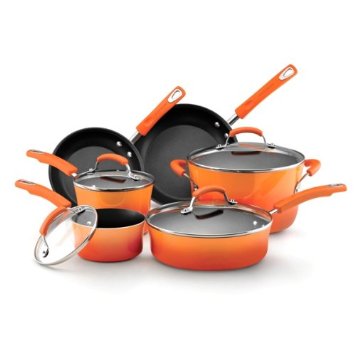 Rachael Ray Hard Enamel Nonstick 10-Piece Cookware Set, Orange Gradient