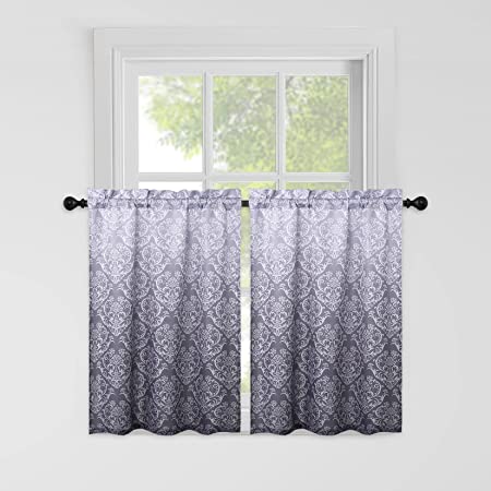 FairOnly Cafe Curtains 36 Inch Length Tier Curtains for Kitchen Window Ombre Floral Bathroom Window Curtain, Farmhouse Window Treatment Decor Curtains, 26 x 36 Inch, Grey
