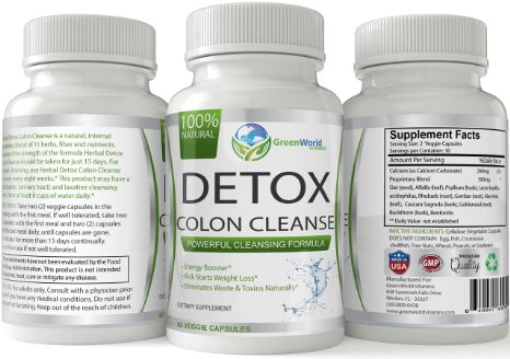 Green World Vitamins Herbal Detox Colon Cleanse 100 Natural Weight Loss support and Cleansing Pills 60 Veggie Capsules 15 day super clenz -Start your diet today with this powerful cleansing formula