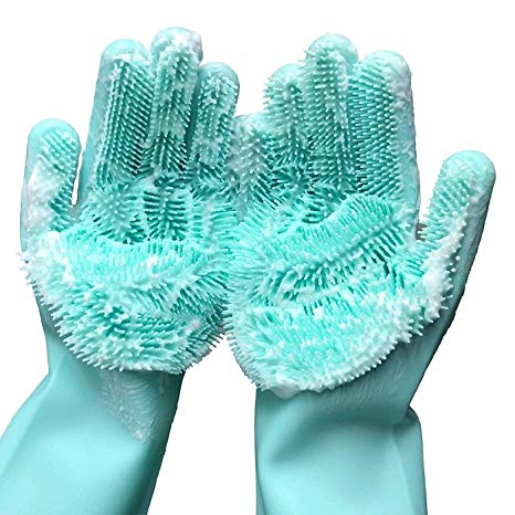 Magic Dishwashing Cleaning Sponge Gloves Reusable Silicone Brush Scrubber Gloves Heat Resistant for Dishwashing Kitchen Bathroom Cleaning Pet Hair Care Car Washing (Green)