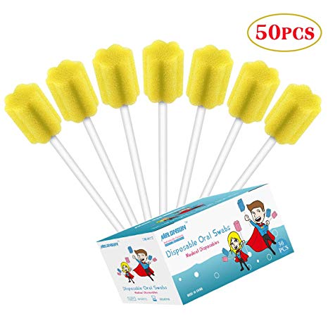 50PCS Disposable Oral Care Swabs, Individually Wrapped MELONSUN Dental Sponge Swabsticks Unflavored Sterile for Mouth Cleaning (people and pets) (plum, yellow)