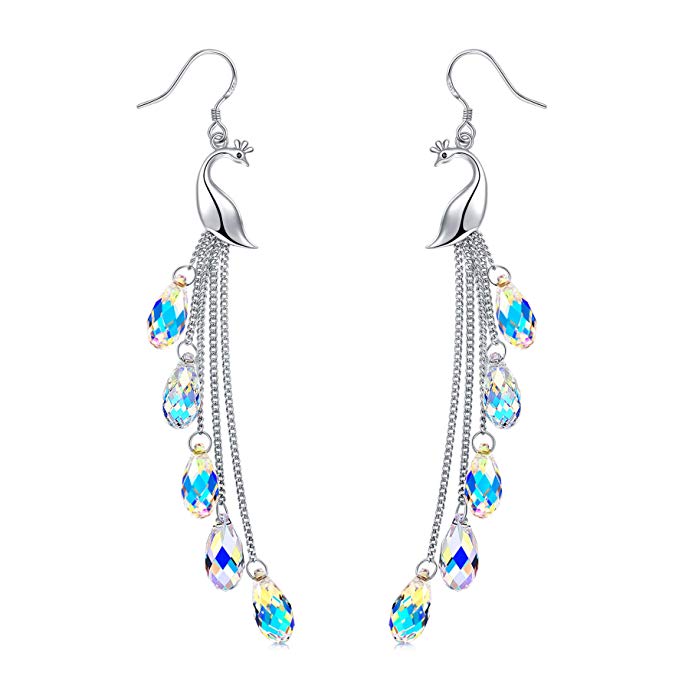 Desimtion Sterling Silver Peacock Dangle Earrings With Swarovski Crystal, Jewelry Gift for Women Girls