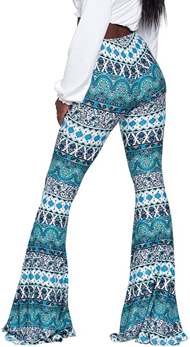 Govc Women Casual Print Stretchy Bell Bottom Flare Palazzo Skinny Pants High Waist Trousers