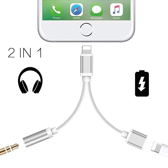 Richenad 2 in 1 Lighting Adapter and Charger 2-Port Lighting to 3.5mm Aux Headphone Jack and Charger Cable Adapter Compatible for Phone 8 7 Plus Adapter (Silver)