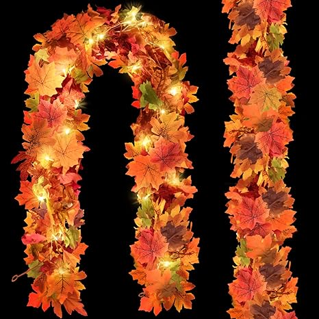 2 Pack Fall Garland with Lights, Autumn Thanksgiving Artificial Maple Fall Leaves Garland with 9.84ft 30LED String Lights for Harvest Halloween Fall Decorations for Home Mantle Porch Indoor Outdoor