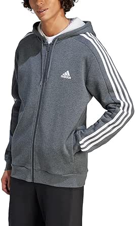 adidas Men's Essentials Fleece 3-Stripes Full-Zip Hoodie, Dark Grey Heather