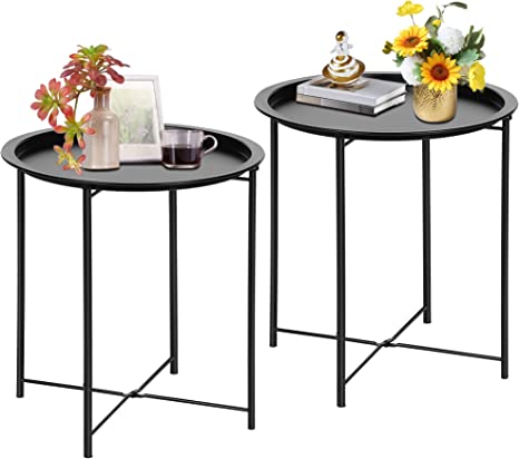 VECELO Side/End Table, Folding Round Metal Anti-Rust and Waterproof Outdoor or Indoor Tray for Living Room Bedroom Balcony and Office, 2 PCS, Black