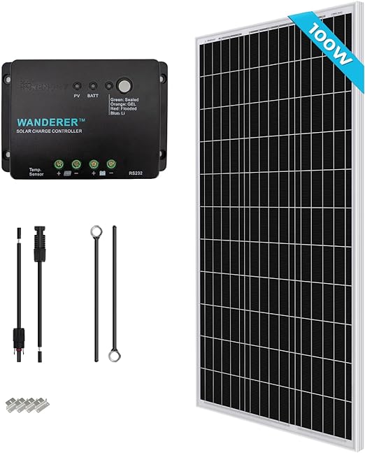 Renogy 100W Solar Panel Kit 12V RV Solar Panel System Off-Grid with 30A PWM Charge Controller Charging for 12V Battery, Suitable for Camper Travel Trailer RV