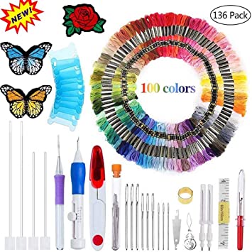 New 136 Pieces Embroidery Kit with Instructions Pen Punch Needle Embroidery Patterns Punch Needle Kit Craft Tool Embroidery Pen Set, Threads 100 Colors for Sewing Knitting