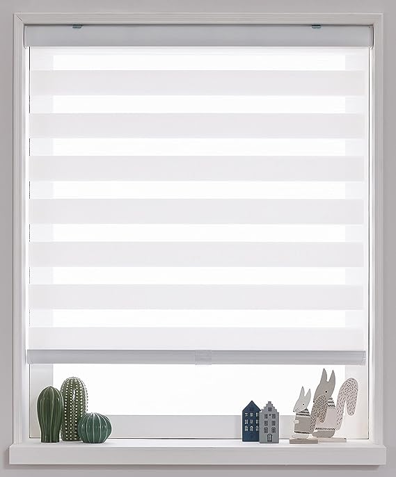 Cordless Custom Zebra Roller Shades and Blinds [Cordless Basic, White, W 45 x H 48 inch] Dual Layer Sheer or Privacy Light Control, Day and Night Window Drapes, 24 to 70 inch Wide