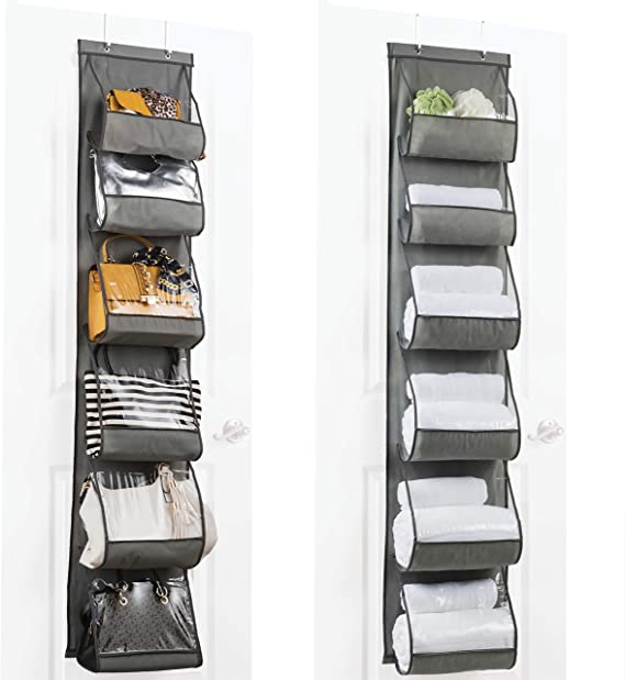 Over The Door Purse Organizer & Storage (2Pack) Handbag Organizer with 6 Easy Access Deep Pockets - Durable Metal Hooks, Handbag Organizer with Clear Pockets -Ideal for Scarf, Umbrella/Accessories Etc