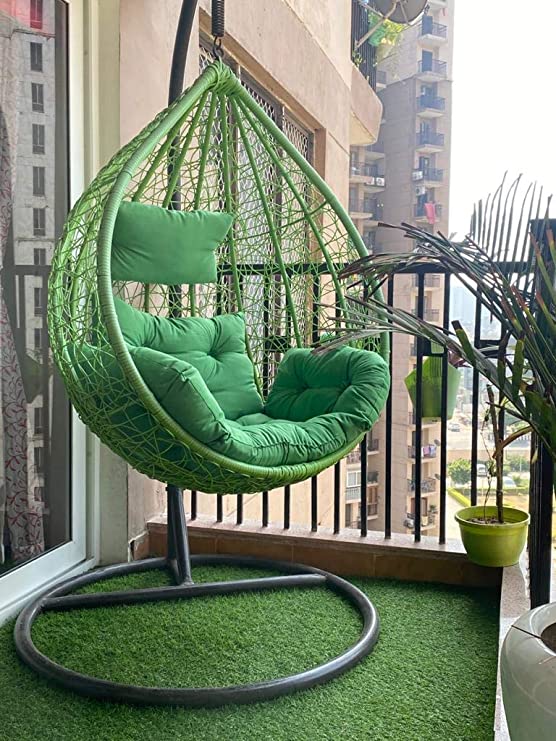 Magnificent Aeron Single Seater Swing Chair With Stand & Cushion & Hook Outdoor Indoor| Outdoor| Living Room | Balcony | Garden | Patio | Home Improvement (Stand-Brown,Basket-Green,Coushion-Green)