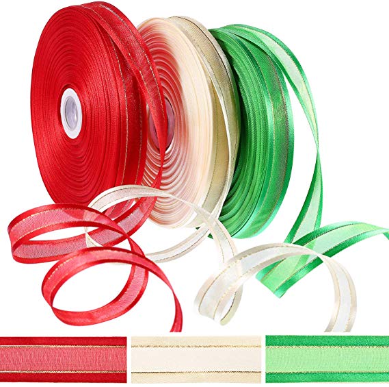 Tatuo 150 Yards Christmas Satin Edge Organza Ribbon Gift Ribbons with Gold Glitter Edges Wrapping Christmas Decoration (Red, Green and Ivory, Each Color 50 Yards)