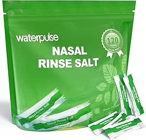 Waterpulse 120 Saline Packets,Premixed Neti Pot Salt Packets Individually Wrapped,Nasal Rinse Packets Sinus Rinsing Packets for Nasal Irrigation System,Nasal Flush Neti Pot Squeeze Bottle,Natural Mint