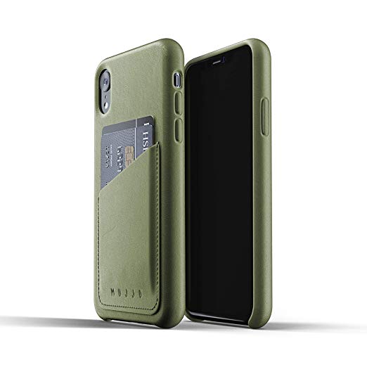 Mujjo Full Leather Wallet Case Compatible with iPhone XR | Real Leather with Natural Aging Effect, 2-3 Card Pocket, 1MM Protective Screen Bezel, Japanese Suede Lining (Olive)