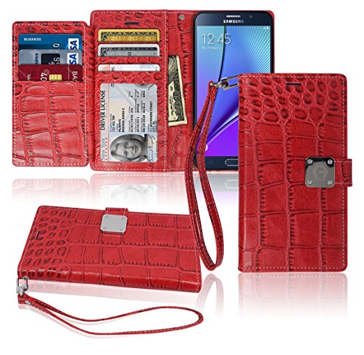 Note5 Wallet Case, Matt [ 8 Pockets ] 7 ID / Credit Card 1 Cash Slot, Power Magnetic Clip With Wrist Strap For Samsung Galaxy Note 5 Leather Cover Flip Diary (Red)