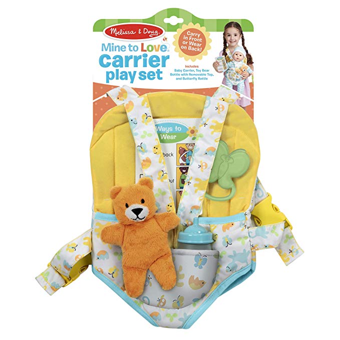 Melissa & Doug Mine to Love Carrier Play Set for Baby Dolls (Toy Bear, Bottle, Rattle, Activity Card)