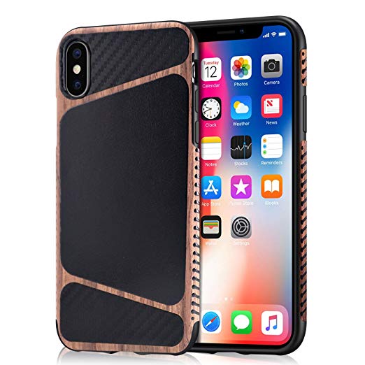 Mthinkor iPhone Xs Case, iPhone X Case Wood Grain Stitching Carbon Fiber Leathe and Premium Leather Case Compatible with iPhone X/iPhone Xs (Black)