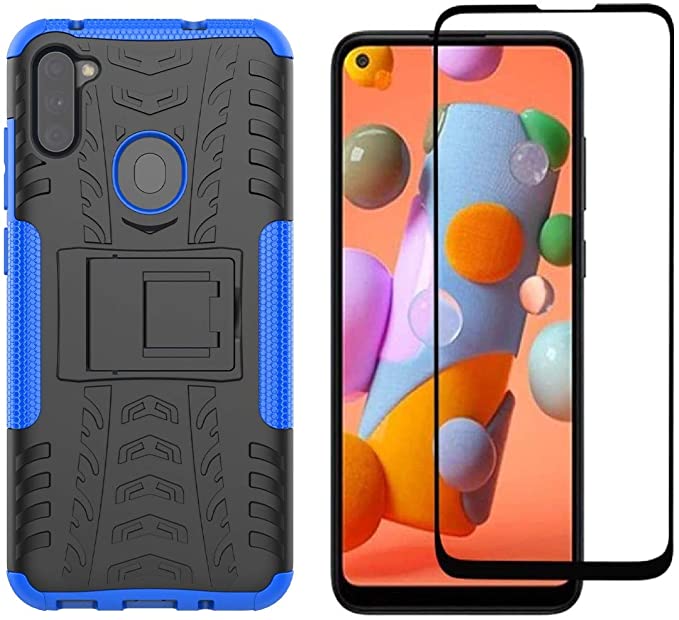 Yiakeng Samsung Galaxy A11 Case with Tempered Glass Screen Protector Shockproof Silicone Protective with Kickstand Hard Phone Cover for Samsung Galaxy A11 (Blue)