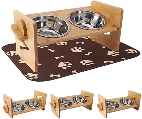 EXPAWLORER Raised Pet Bowls for Cat and Dog - Adjustable Bamboo Elevated Feeder Stand with 2 Stainless Steel Bowls and Highly Absorbent Waterproof Dog Food Mat, Antislip Pet Food and Water Bowls