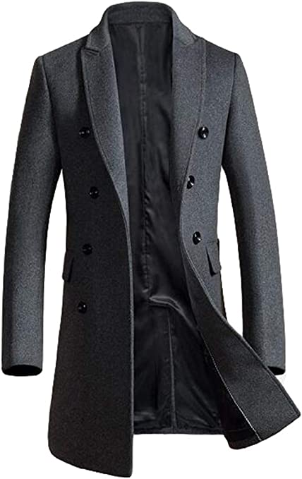 Minibee Men's Woolen Trench Coat Double Breasted Slim Fit Winter Overcoat Long Jacket Business Pea Jacket