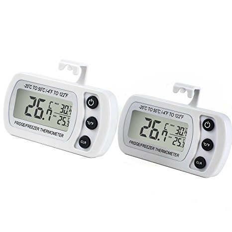 Digital Refrigerator Fridge Thermometer, Freezer Room Temperature Monitor Easy to Read LCD Display with Hook (White - Pack of 2)