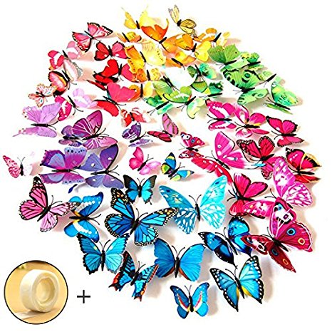 JPSOR 72PCS 3d Butterfly Wall Stickers 3d Butterfly Wall Decals Butterfly Magnets ,12pcs Blue 12pcs Purple 12pcs Green 12pcs Yellow 12pcs Pink 12pcs Red, Durable Plastic Butterfly Decorations, wall Decor