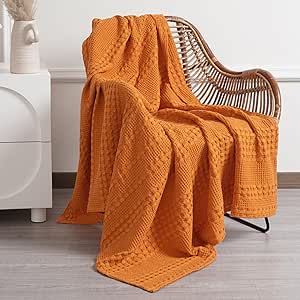 PHF 100% Cotton Waffle Weave Throw Blanket - Lightweight Washed Cotton Throw Blanket for Spring & Summer - 50"x60" Breathable and Skin-Friendly Blanket for Couch Bed and Office - Marmalade