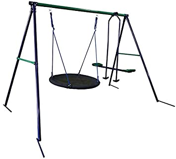 ALEKO BSW08 Outdoor Sturdy Child Swing Set with Glider and Saucer Mat - Blue and Green