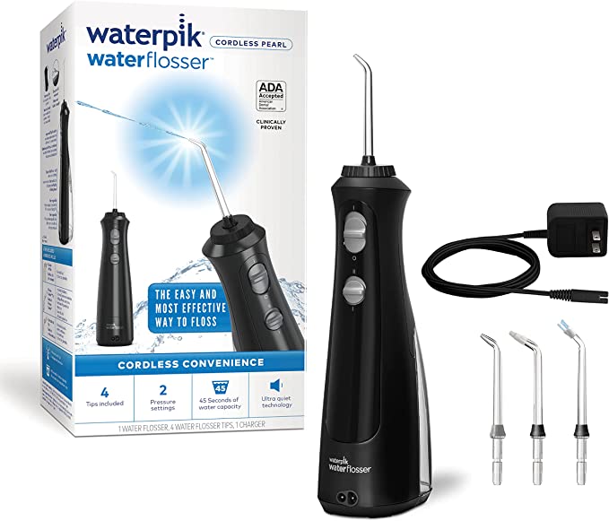 Waterpik Cordless Pearl Water Flosser Rechargeable Portable Water Flosser for Teeth, Gums, Braces Care and Travel with 4 Flossing Tips, ADA Accepted, WF-13 Black