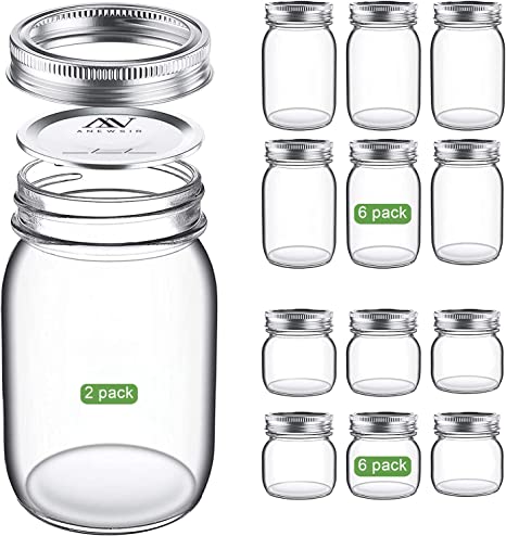 Mason Jars Variety Pack (Set of 14), Regular Mouth Canning Jars with Lids and Bands, Spilte-Type, 32oz 2 Pack, 16oz 6 pack and 8oz 6 pack