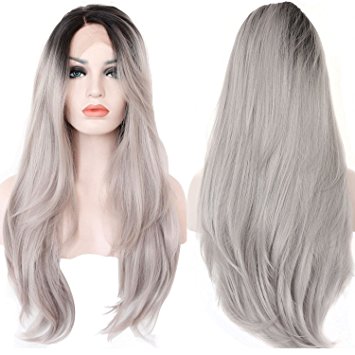 Ebingoo Long Straight Black Root Ombre Lace Front Wig Synthetic Hair Wigs for Women Half Hand Tied Jls005, Grey