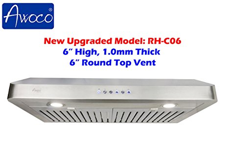 Awoco RH-C06-30 Classic 6" High 1mm Thick Stainless Steel Under Cabinet 4 Speeds 900CFM Range Hood with 2 LED Lights, 6" Round Top Vent - 30" Width